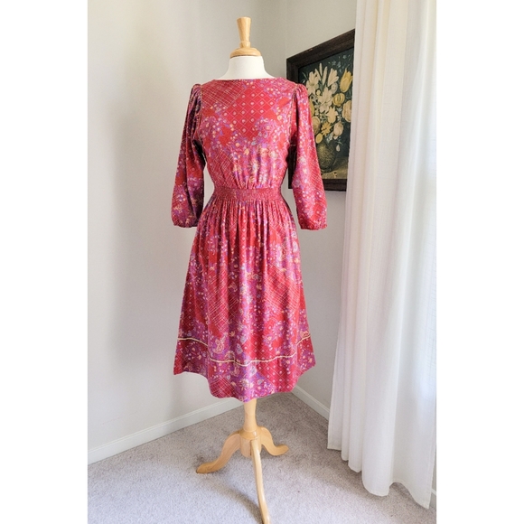 70s Red Floral Cinched Waist 1970s Vintage Midi Dress by ' Belle France ' - Picture 2 of 8